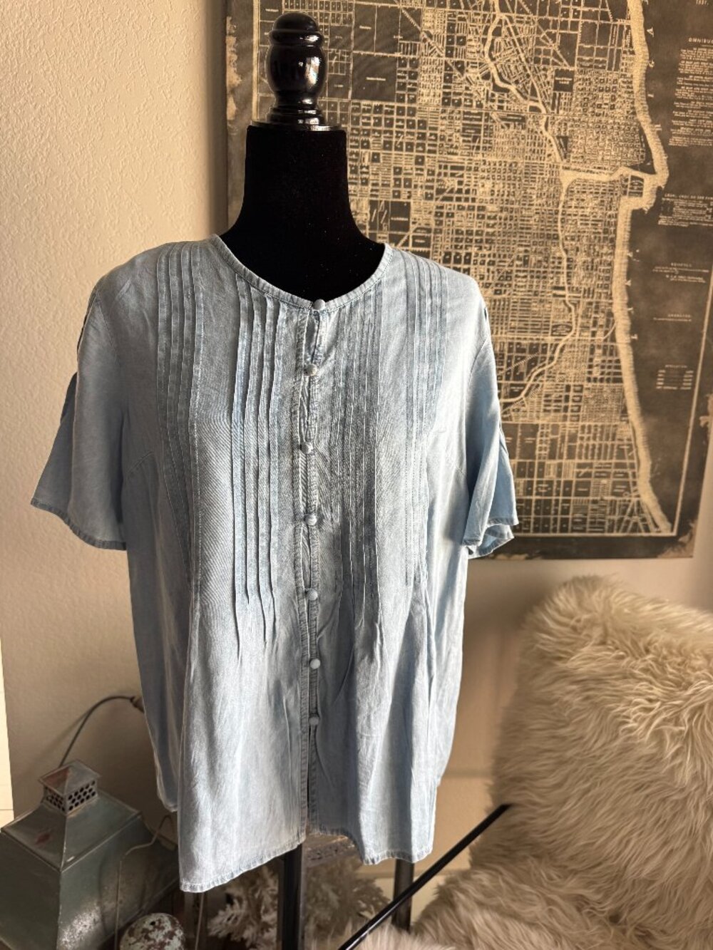 Size M - Club Z Collection Short Sleeve Button Up Tencel Top with Pleated Placke